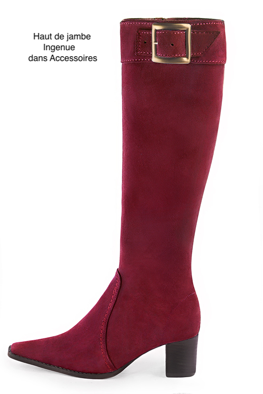 Burgundy red women's feminine knee-high boots. Tapered toe. Medium block heels. Made to measure. Worn view - Florence KOOIJMAN